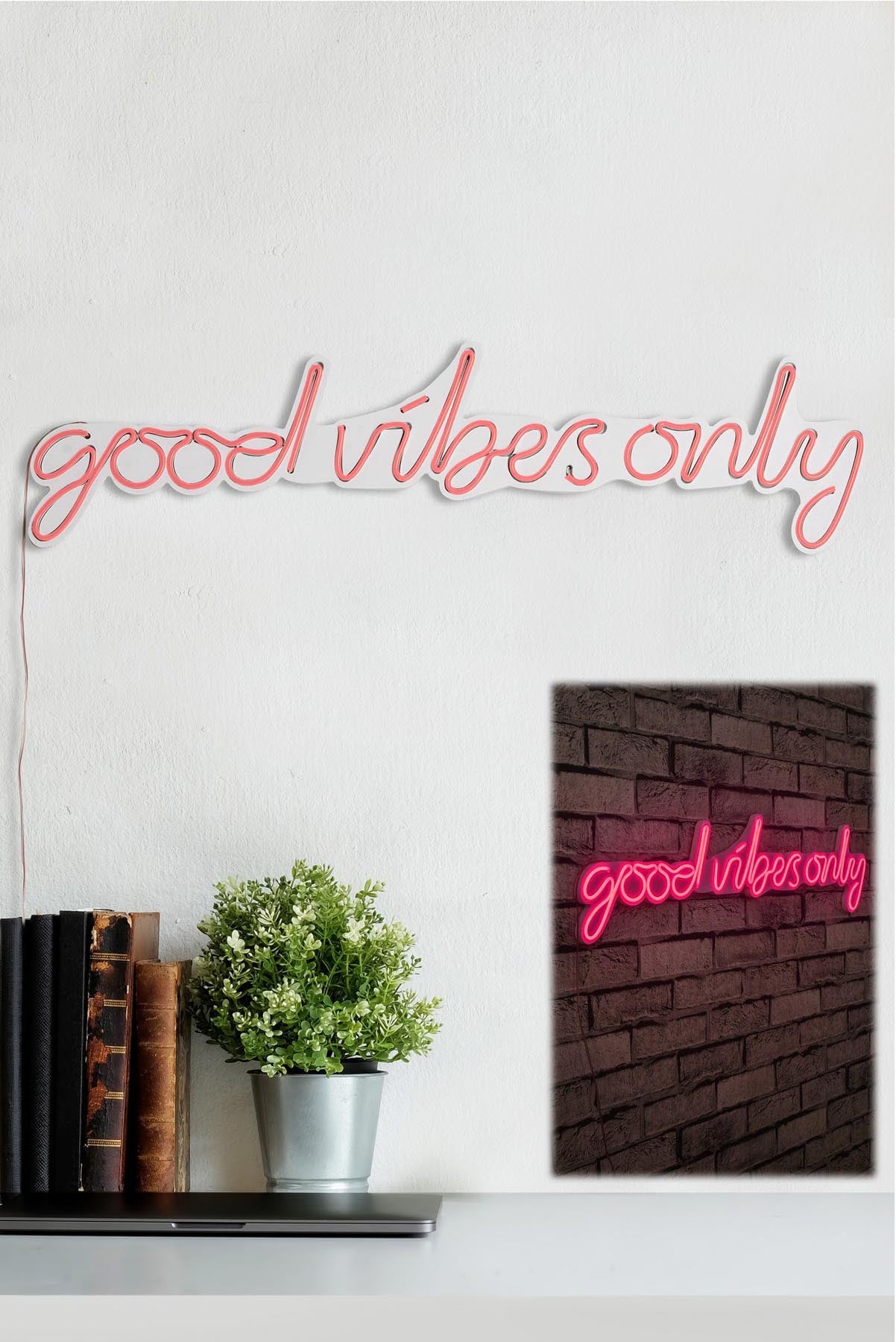 Verleihen Sie Ihrem Raum mit der rosa Good Vibes Only Wandleuchte von Wallity einen Hauch von Magie. Flexibel und stilvoll für kreative Lichtgestaltung!