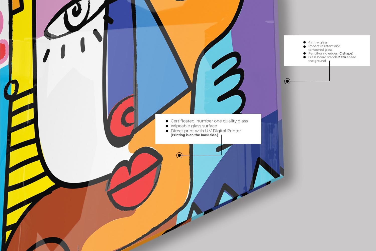 Verleihen Sie Ihrem Zuhause mit dem CAM4011_7070 von Wallity einen Hauch von Eleganz. Dieses mehrfarbige Hartglasbild ist ein echter Blickfang!