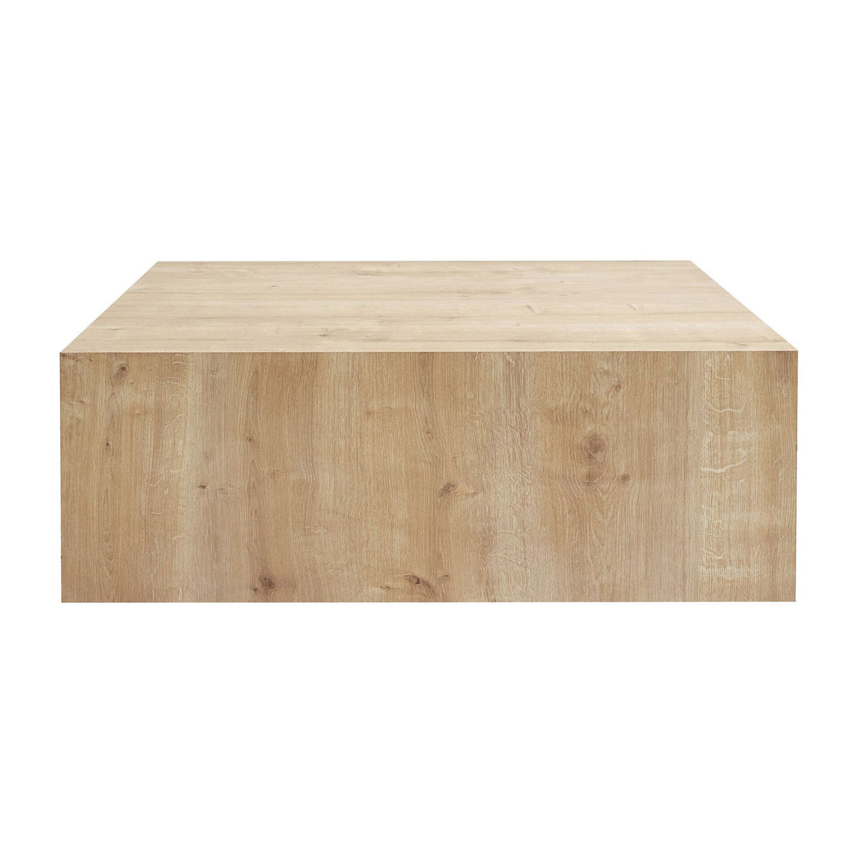 Quadratischer Couchtisch aus MDF in Saphir-Eiche-Optik mit klaren Linien und schlichtem Gestell, Höhe 35 cm, Breite und Tiefe je 90 cm.