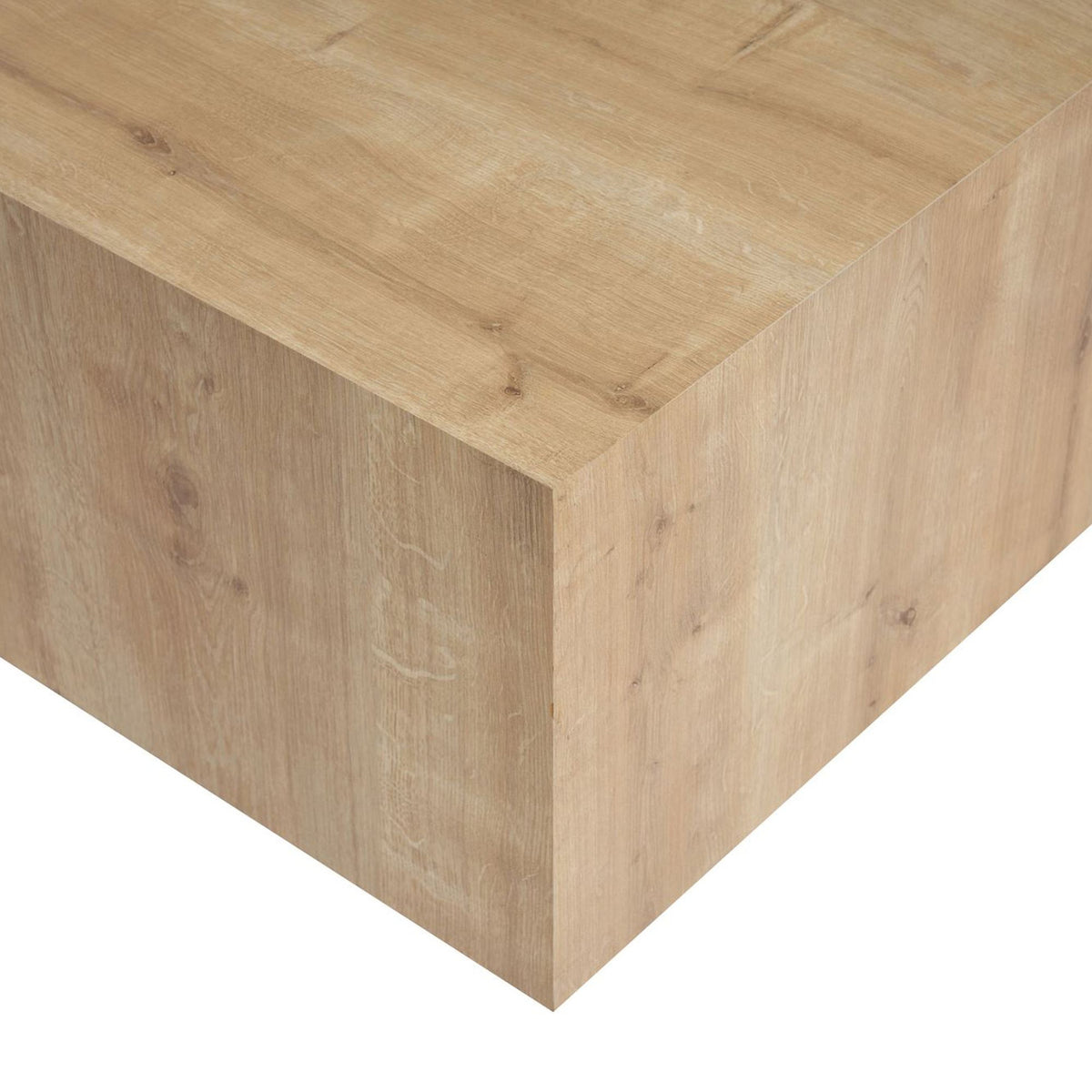 Quadratischer Couchtisch aus MDF in Saphir-Eiche-Optik mit klaren Linien und schlichtem Gestell, Höhe 35 cm, Breite und Tiefe je 90 cm.