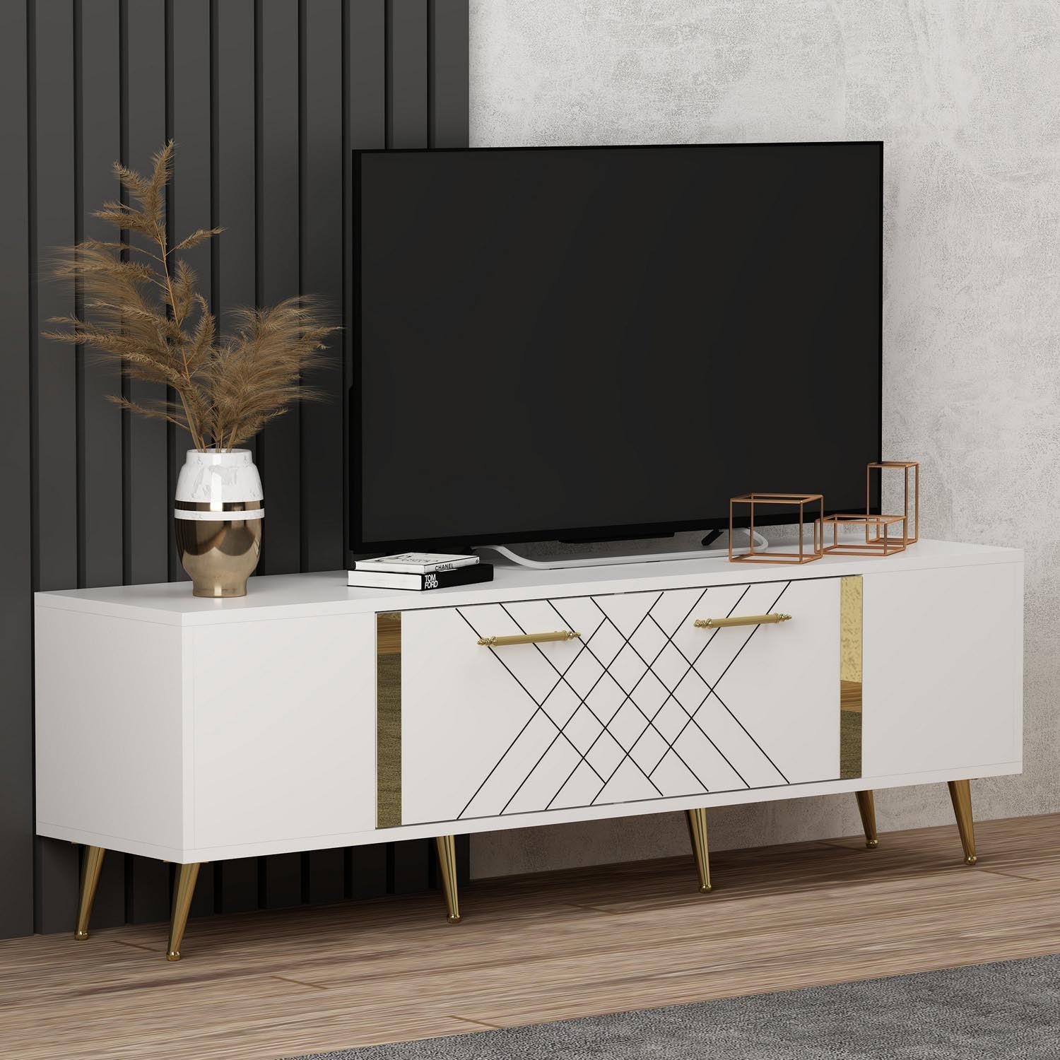 Verleihen Sie Ihrem Wohnraum mit dem Detas Sideboard von Hanah Home in Weiß und Gold einen Hauch von Luxus. Modernes Design und praktischer Stauraum vereinen sich hier perfekt.