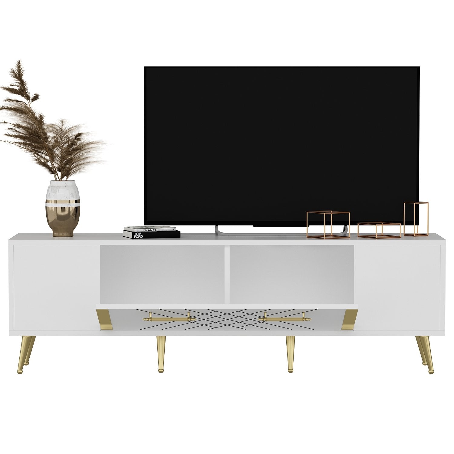 Entdecken Sie das Detas Sideboard von Hanah Home in elegantem Weiß und Gold. Stilvolles Design trifft auf großzügigen Stauraum für ein modernes Wohnambiente.