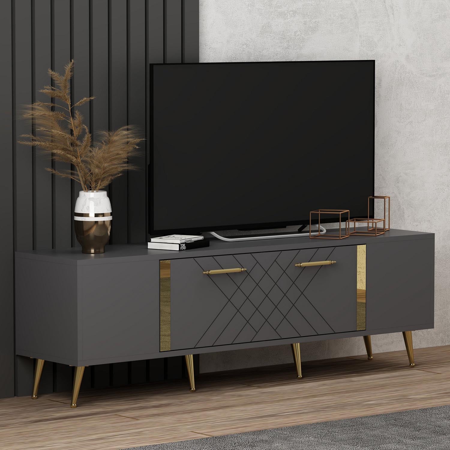 Verleihen Sie Ihrem Wohnzimmer mit dem Detas Sideboard in Anthrazit und Gold von Hanah Home einen Hauch von Luxus. Stilvolles Design trifft auf praktischen Stauraum.
