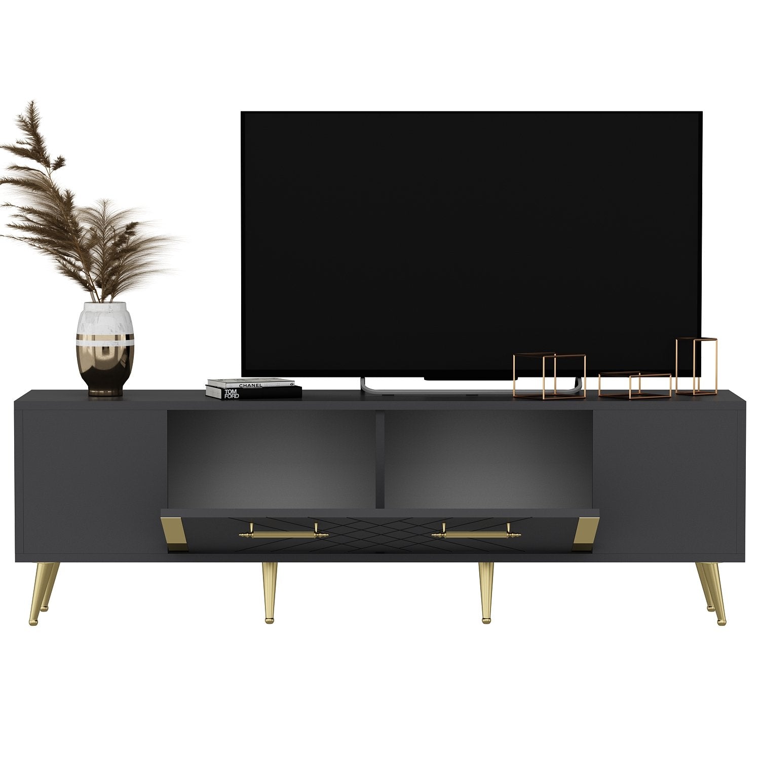 Entdecken Sie das Detas Sideboard von Hanah Home in elegantem Anthrazit und Gold. Modernes Design trifft auf praktischen Stauraum für Ihr Wohnzimmer!
