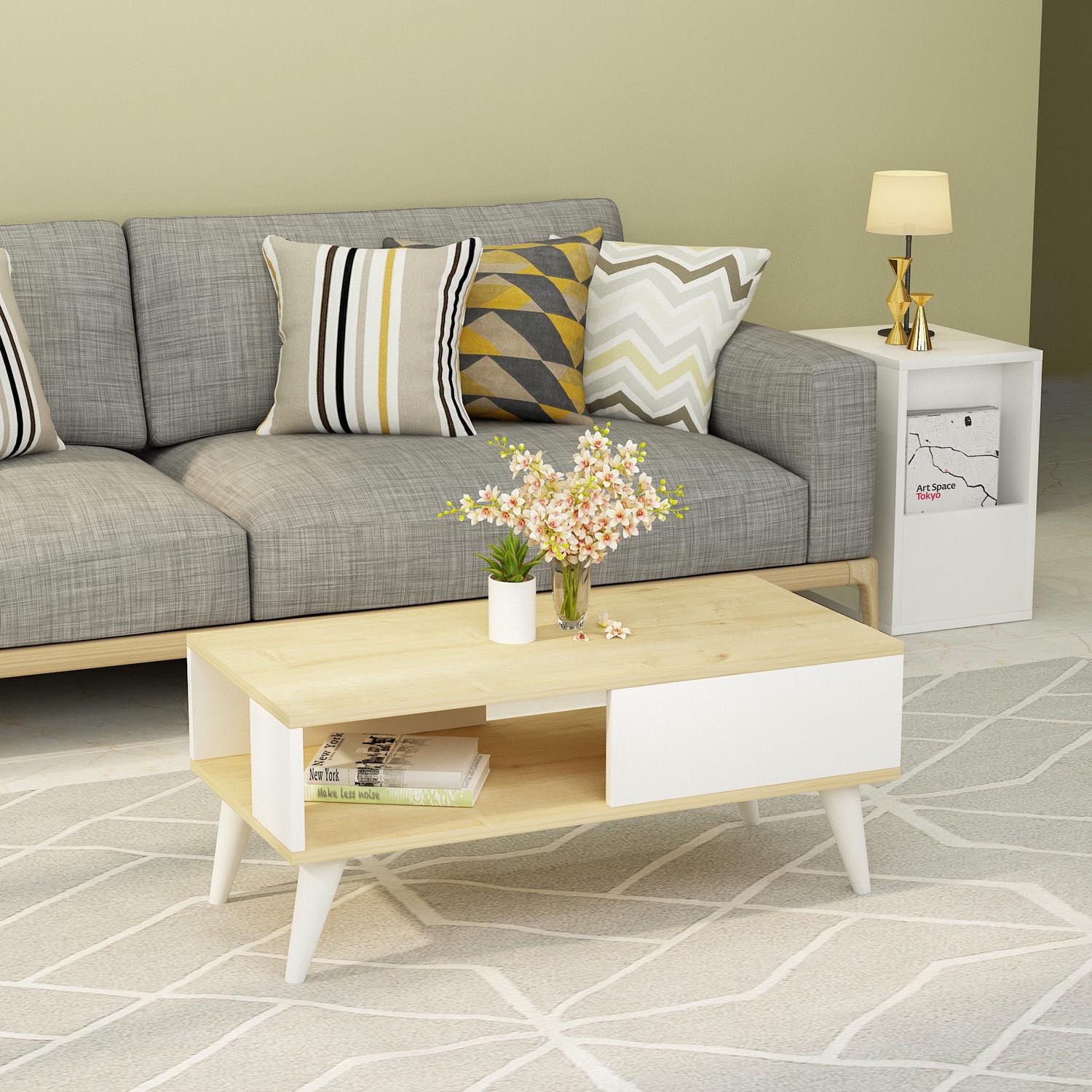 Entdecken Sie den eleganten Seul Sofatisch in Saphir Weiss von Hanah Home. Ein stilvolles Möbelstück, das Funktionalität und modernes Design vereint.