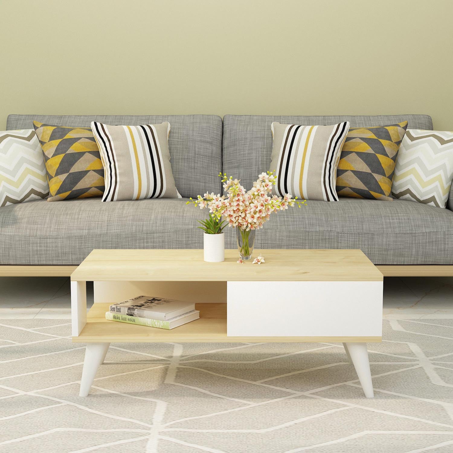 Erleben Sie den Seul Sofatisch in Saphir Weiss von Hanah Home – ein elegantes Möbelstück, das Stil und praktische Funktionalität perfekt kombiniert.