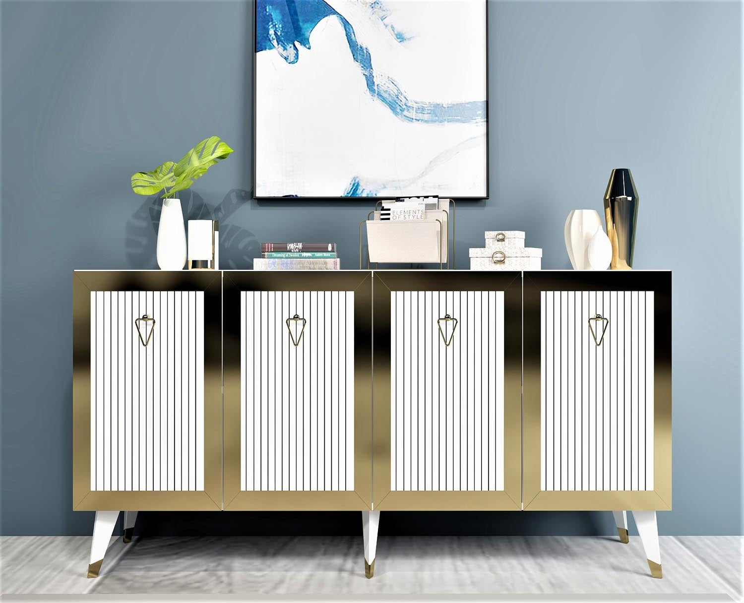 Entdecken Sie das Bare High-Sideboard in Weiß und Gold von Hanah Home – ein elegantes Möbelstück, das Stil und Funktionalität vereint.