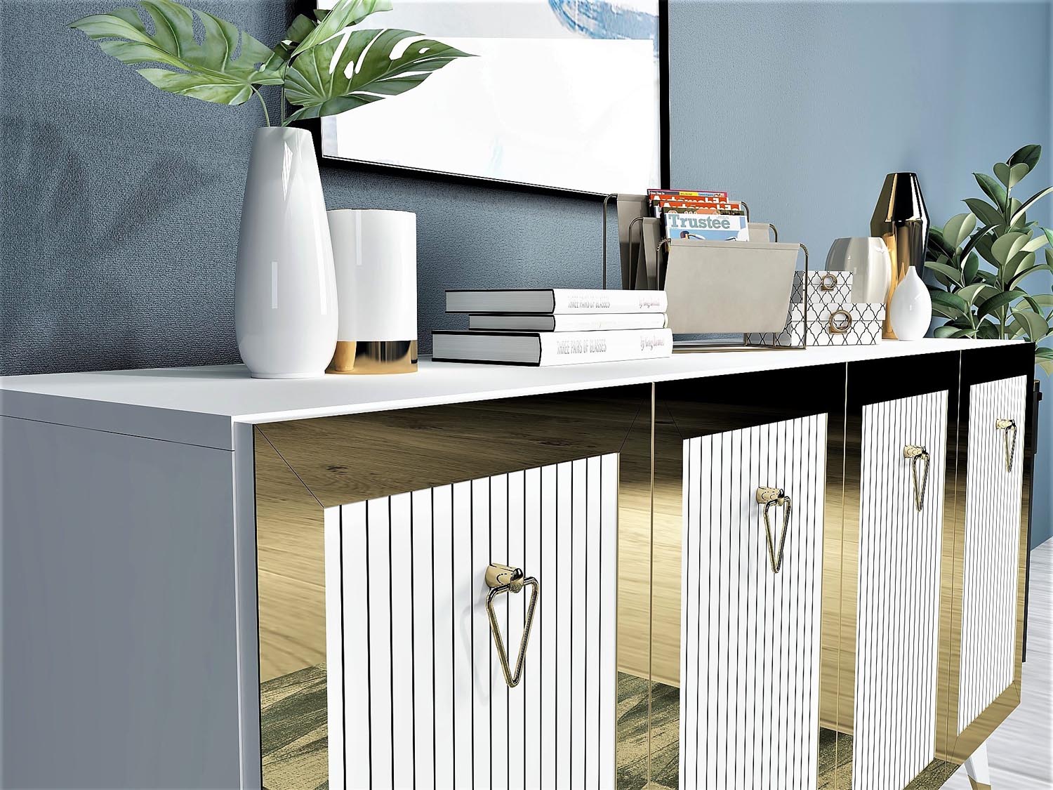 Erleben Sie das Bare High-Sideboard von Hanah Home – ein luxuriöses Design in Weiß und Gold, das jedem Raum Eleganz und Ordnung verleiht.