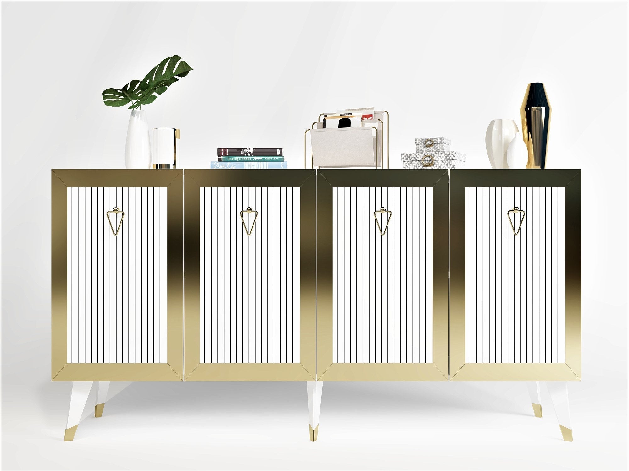 Erleben Sie das Bare High-Sideboard von Hanah Home – ein luxuriöses Design in Weiß und Gold, das jedem Raum Eleganz und Stauraum verleiht.