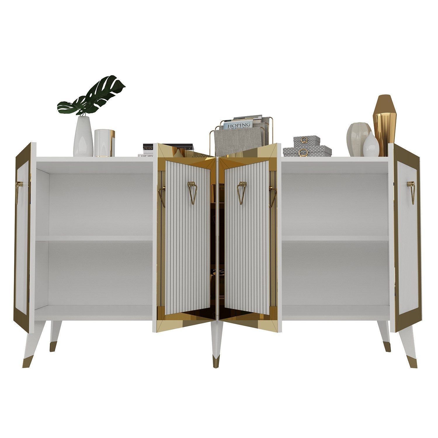 Erleben Sie das Bare High-Sideboard von Hanah Home – ein luxuriöses Design in Weiß und Gold, das jedem Raum Eleganz und Stauraum verleiht.