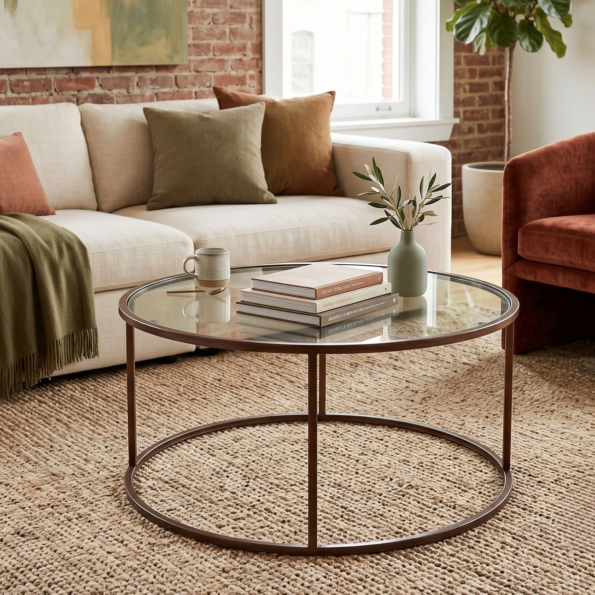 Brauner Couchtisch von Hanah Home mit Tischplatte aus gehärtetem Glas, 4 mm dick, und schlankem Metallgestell, Masse 80x80x43 cm.