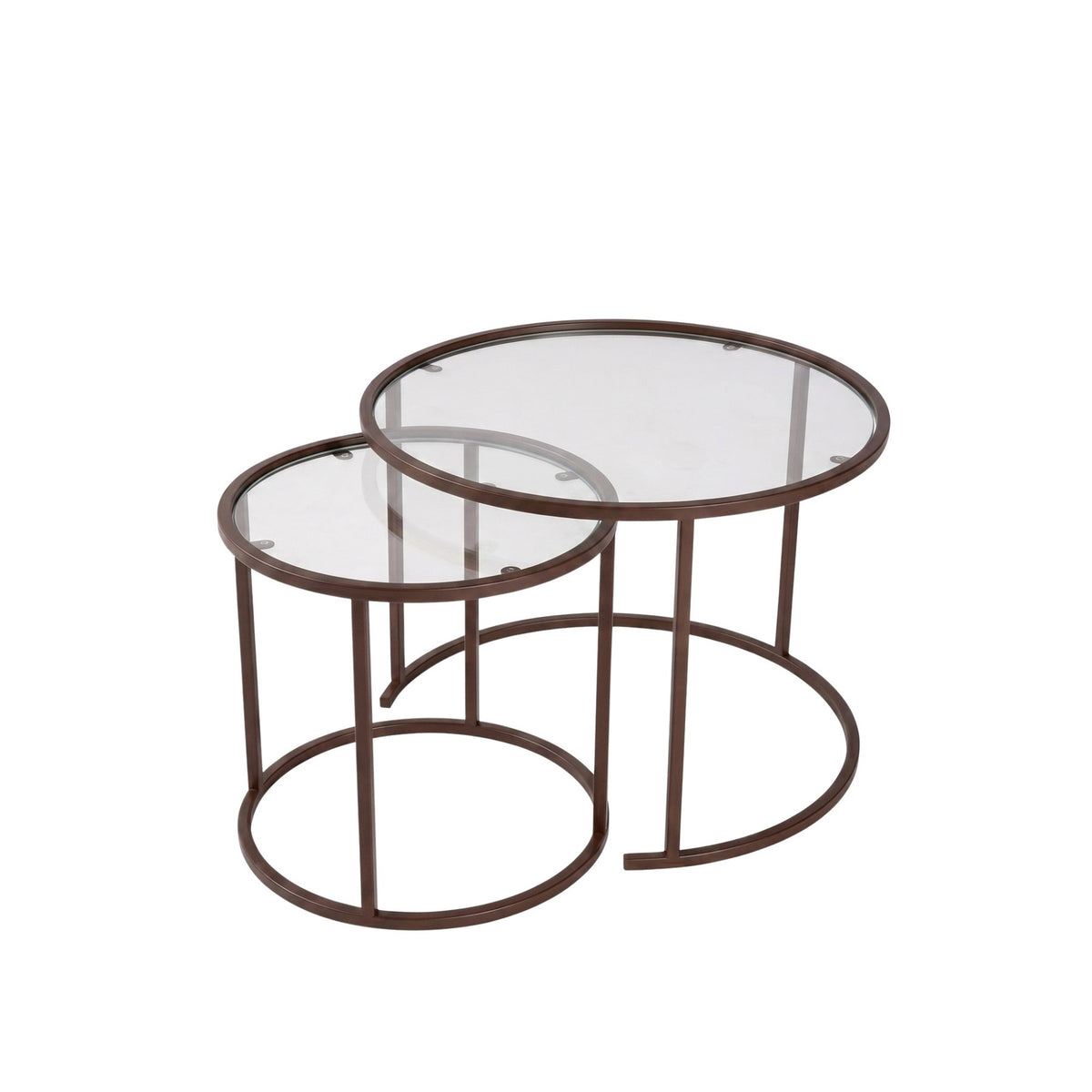 Zwei runde Couchtische aus gehärtetem Glas mit braunem Metallgestell, unterschiedliche Grössen, schlichtes nordisches Design im Wohnzimmer.