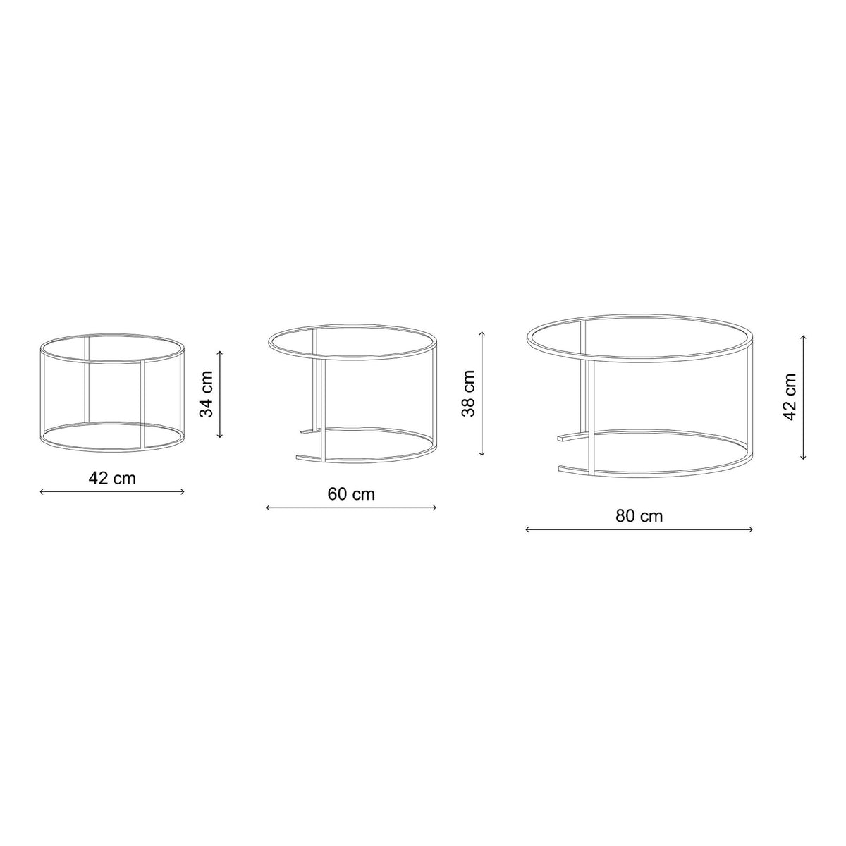Dreiteiliges Couchtisch-Set von Hanah Home in Braun mit Glasplatten und Metallgestell, drei unterschiedlich grosse Tische ineinander gestellt.