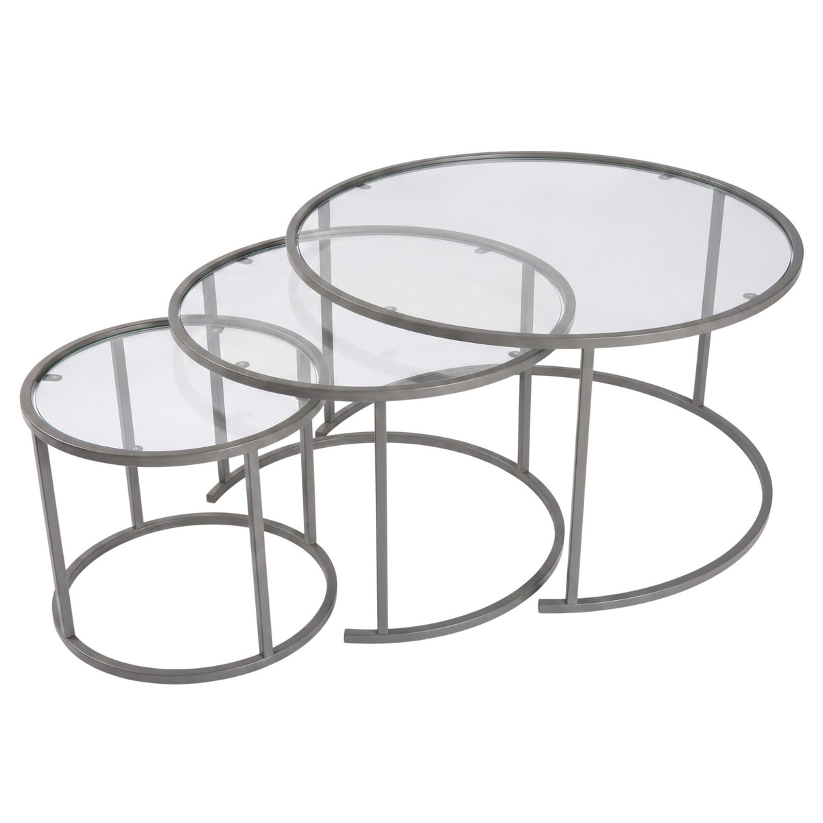 Drei ineinander stellbare Couchtische von Hanah Home in Grau, Tischplatten aus gehärtetem Glas, Gestell aus Metall, unterschiedliche Grössen.