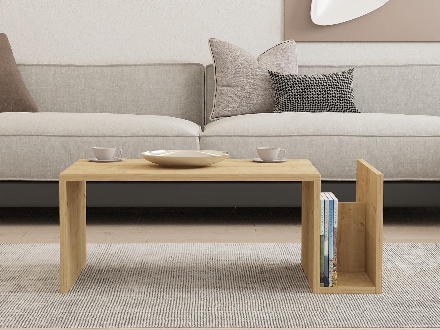 Erleben Sie den Memo Sofatisch aus Saphir-Eiche von Hanah Home – ein elegantes, langlebiges Möbelstück mit praktischem Stauraum für Ihr Zuhause.