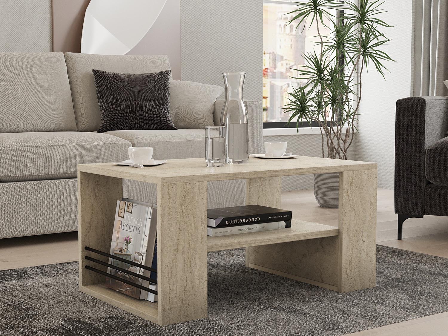 Eleganter Iris Sofatisch aus Travertin von Hanah Home. Stilvolles Design für Ihr Wohnzimmer, ideal für Kaffeetassen und Dekoration.