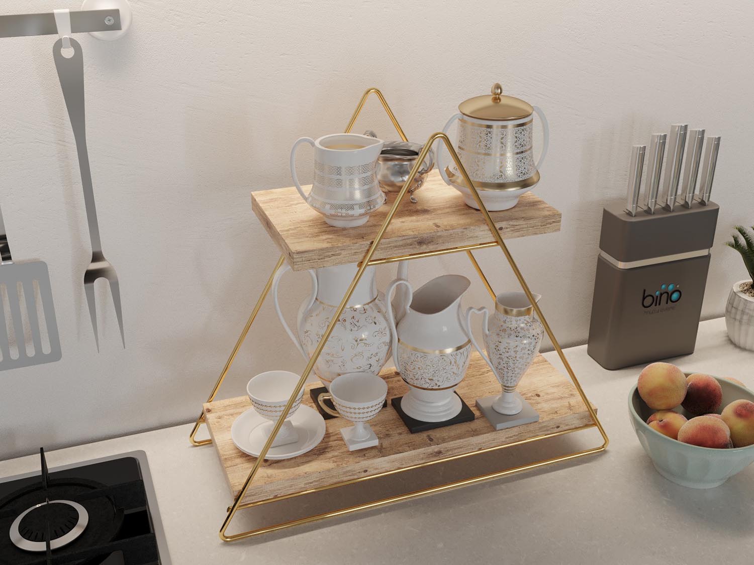 Entdecken Sie das elegante Wandregal von Hanah Home aus 100% Massivholz in Gold und Braun. Perfekt für stilvolle Aufbewahrung und kreative Raumgestaltung.