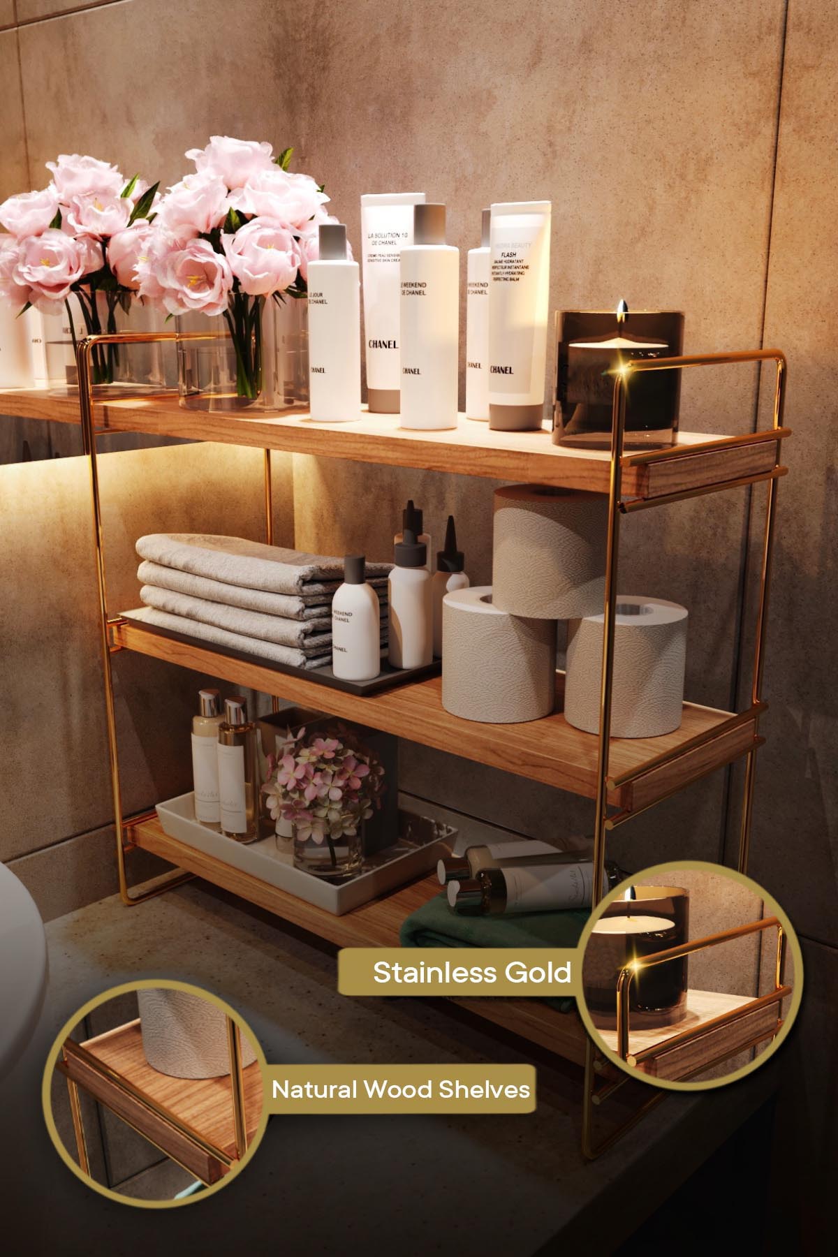 Entdecken Sie den eleganten 3-stufigen Organizer von Hanah Home. Aus massivem Holz in Gold und Braun, ideal für stilvolle Akzente in Ihrem Zuhause.