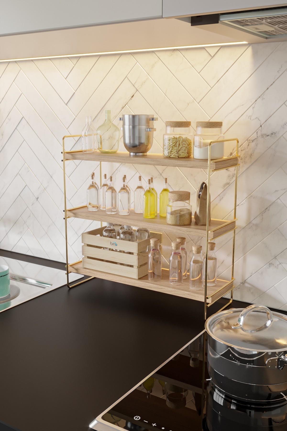 Gestalten Sie Ihr Zuhause mit dem 3-stufigen Wandregal von Hanah Home. Aus 100% Massivholz in edlem Gold und Braun, vereint es Stil und Funktionalität.