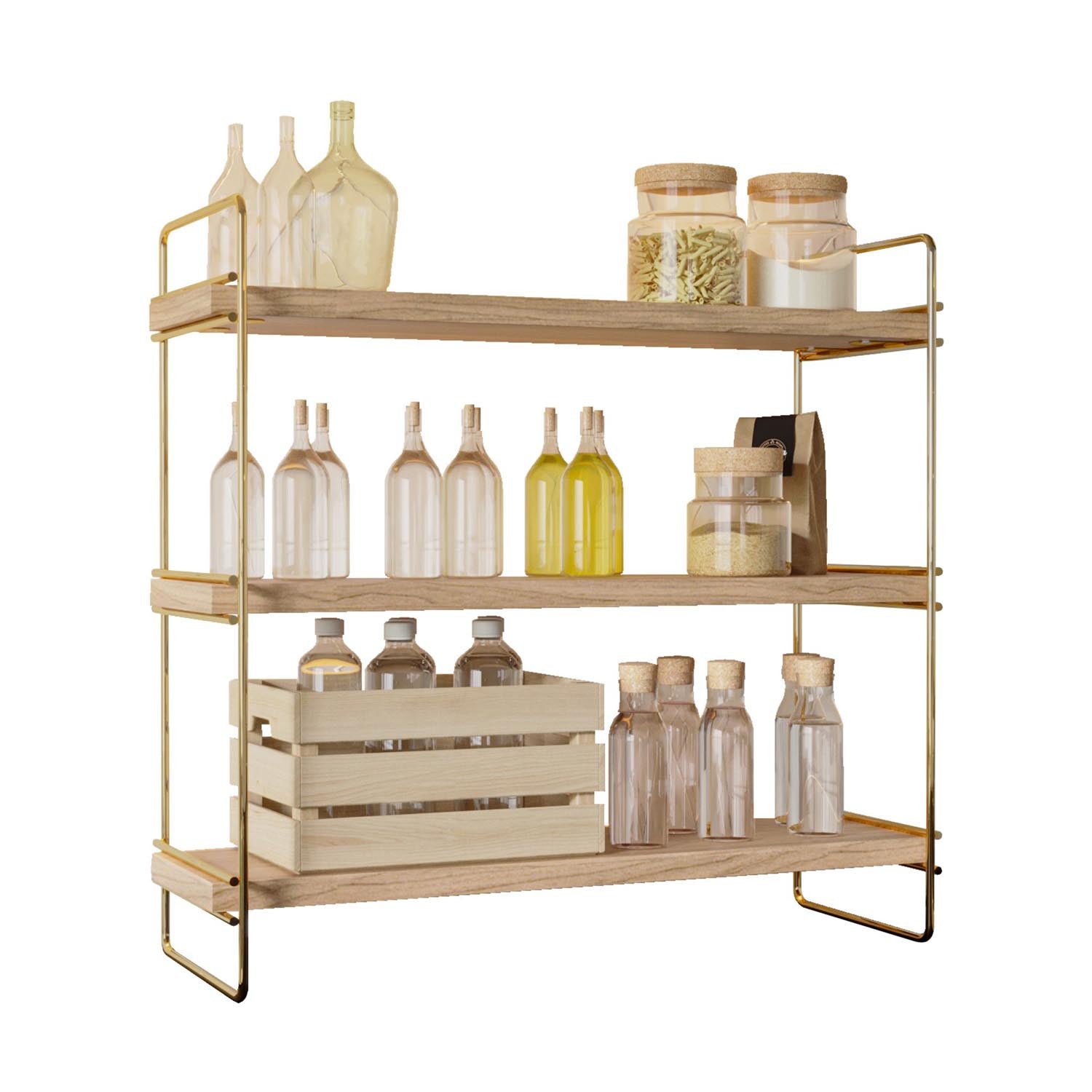 Verleihen Sie Ihrem Raum mit dem stilvollen 3-stufigen Wandregal von Hanah Home aus massivem Holz und edlen Gold- und Brauntönen einen Hauch von Eleganz.