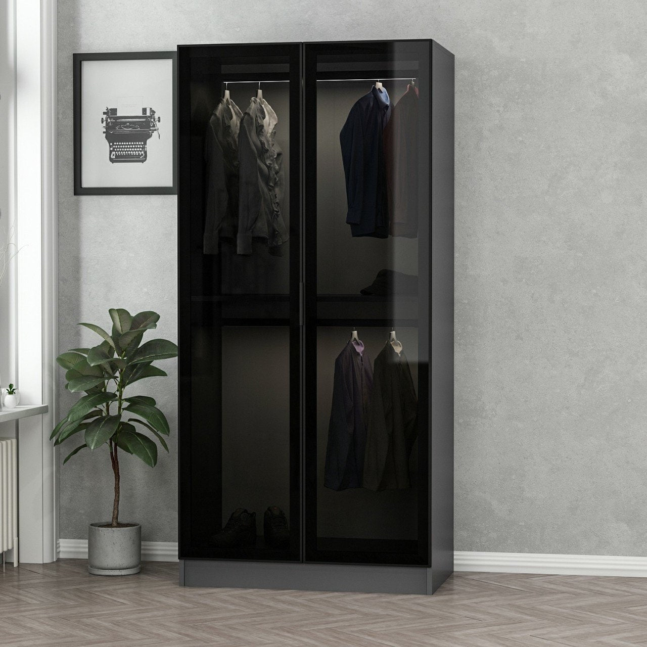 Entdecken Sie die Kale Glass Anthracite Garderobe von Hanah Home – stilvoll, robust und perfekt für ein organisiertes Schlafzimmer!
