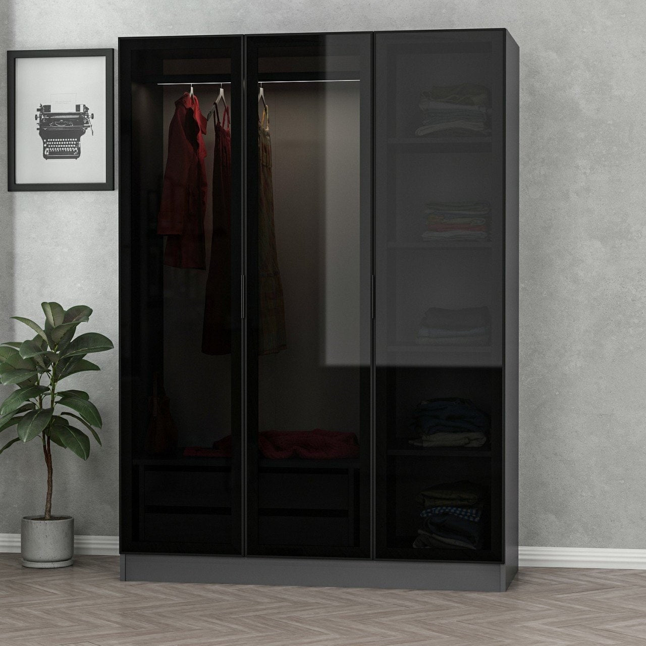 Entdecken Sie die Kale Anthracite Black Garderobe von Hanah Home – stilvoll, langlebig und perfekt für ein organisiertes Schlafzimmer.