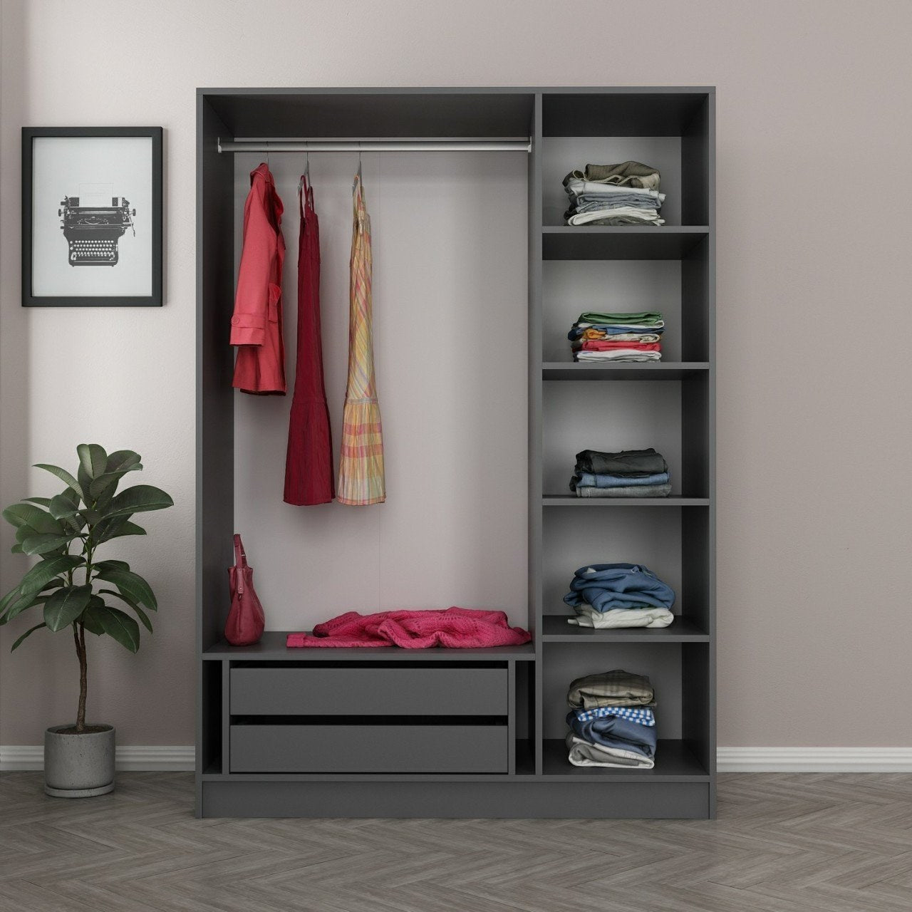 Entdecken Sie die stilvolle Kale Anthracite Black Garderobe von Hanah Home – robust, elegant und ideal für eine ordentliche Schlafzimmergestaltung.