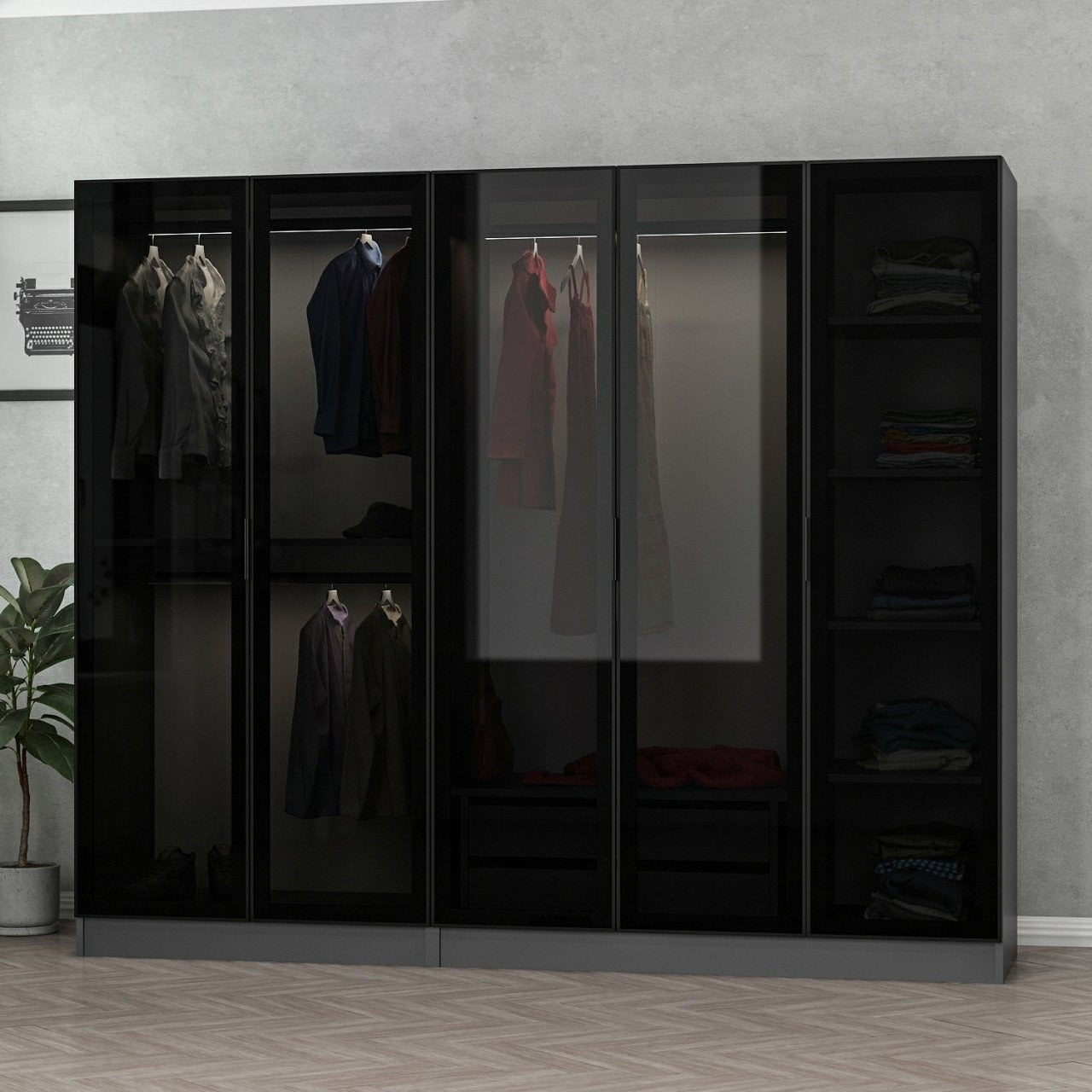 Optimieren Sie Ihren Raum mit der eleganten Kale Garderobe in Anthrazit Schwarz von Hanah Home. Funktionalität trifft auf modernes Design!