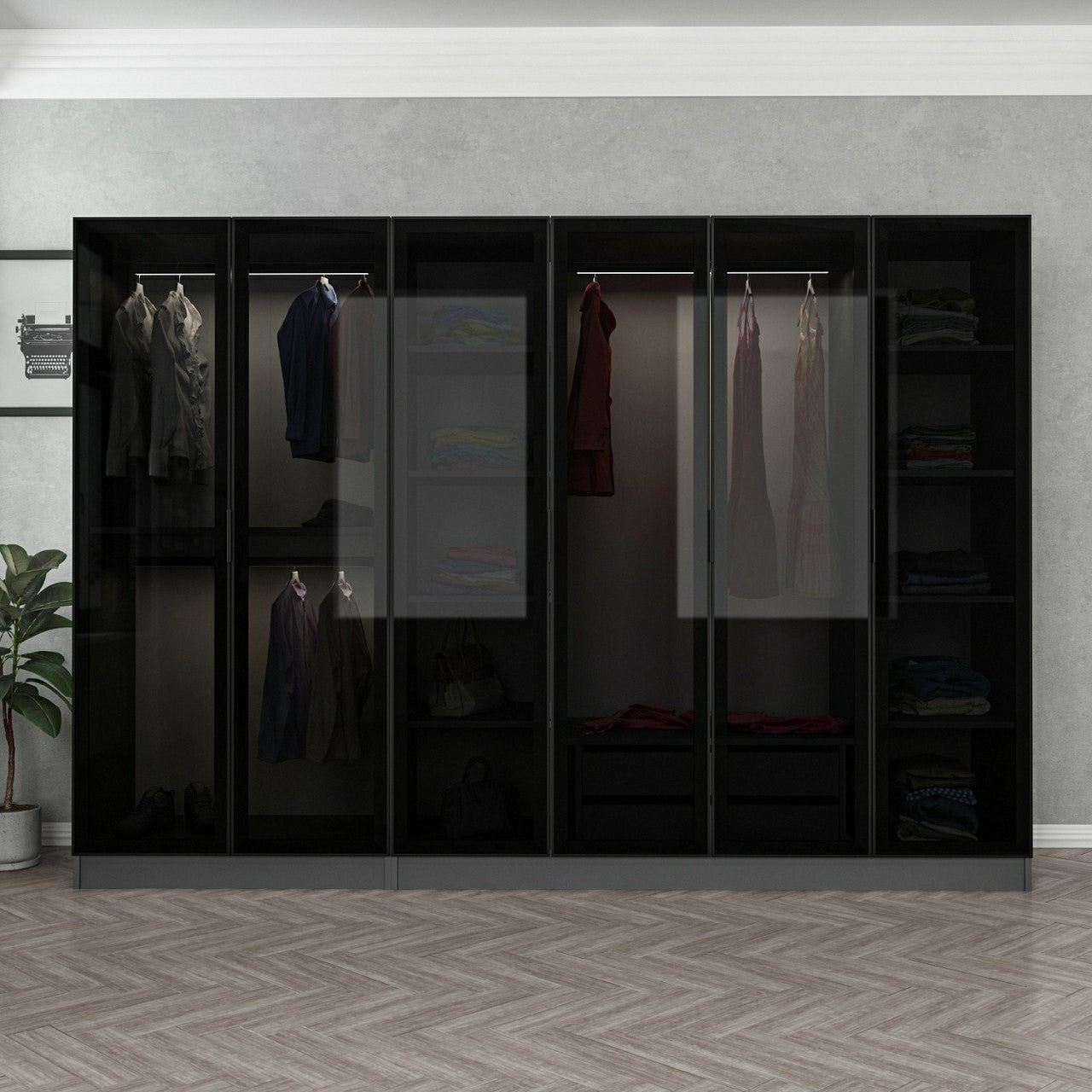 Verleihen Sie Ihrem Schlafzimmer mit der Kale Garderobe in Anthrazit Schwarz von Hanah Home einen modernen Touch. Funktionalität trifft auf elegantes Design!