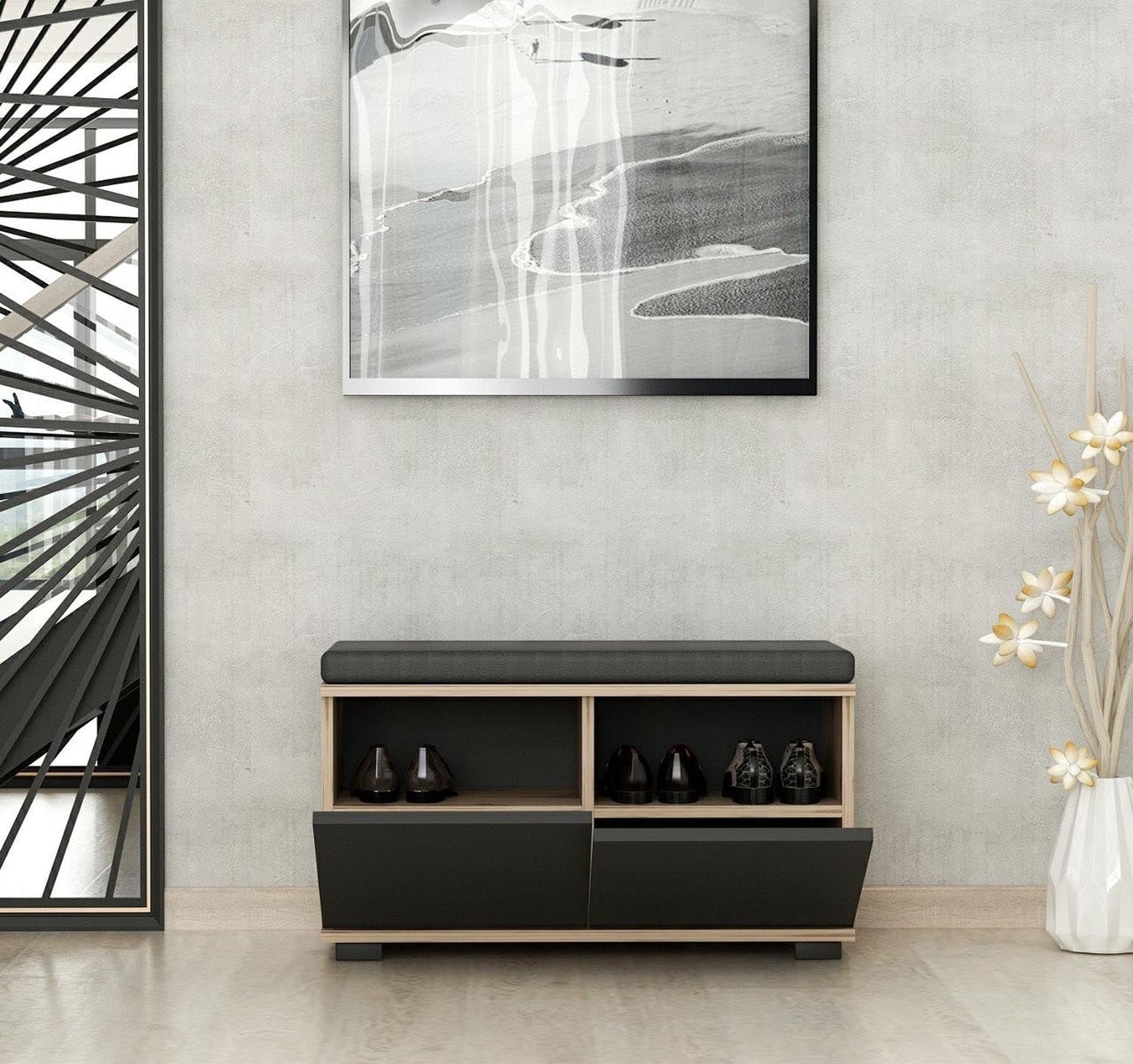 Der Drago Schuhschrank in Walnuss Schwarz von Hanah Home vereint Stil und Funktionalität. Halten Sie Ihre Schuhe ordentlich und griffbereit!