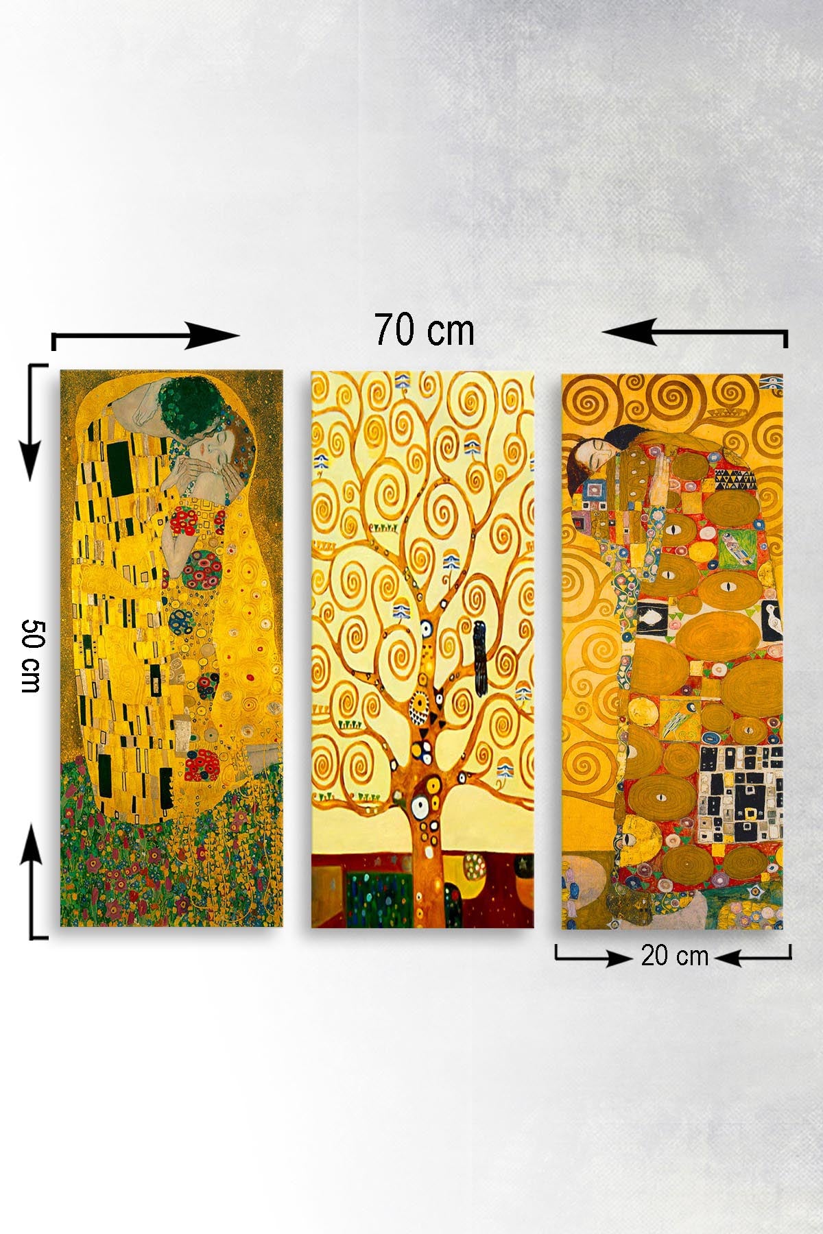 Verleihen Sie Ihrem Zuhause mit dem MDF0067 Set von Wallity einen Hauch von Gustav Klimt. Diese kunstvollen MDF-Bilder bringen Farbe und Stil in jeden Raum!