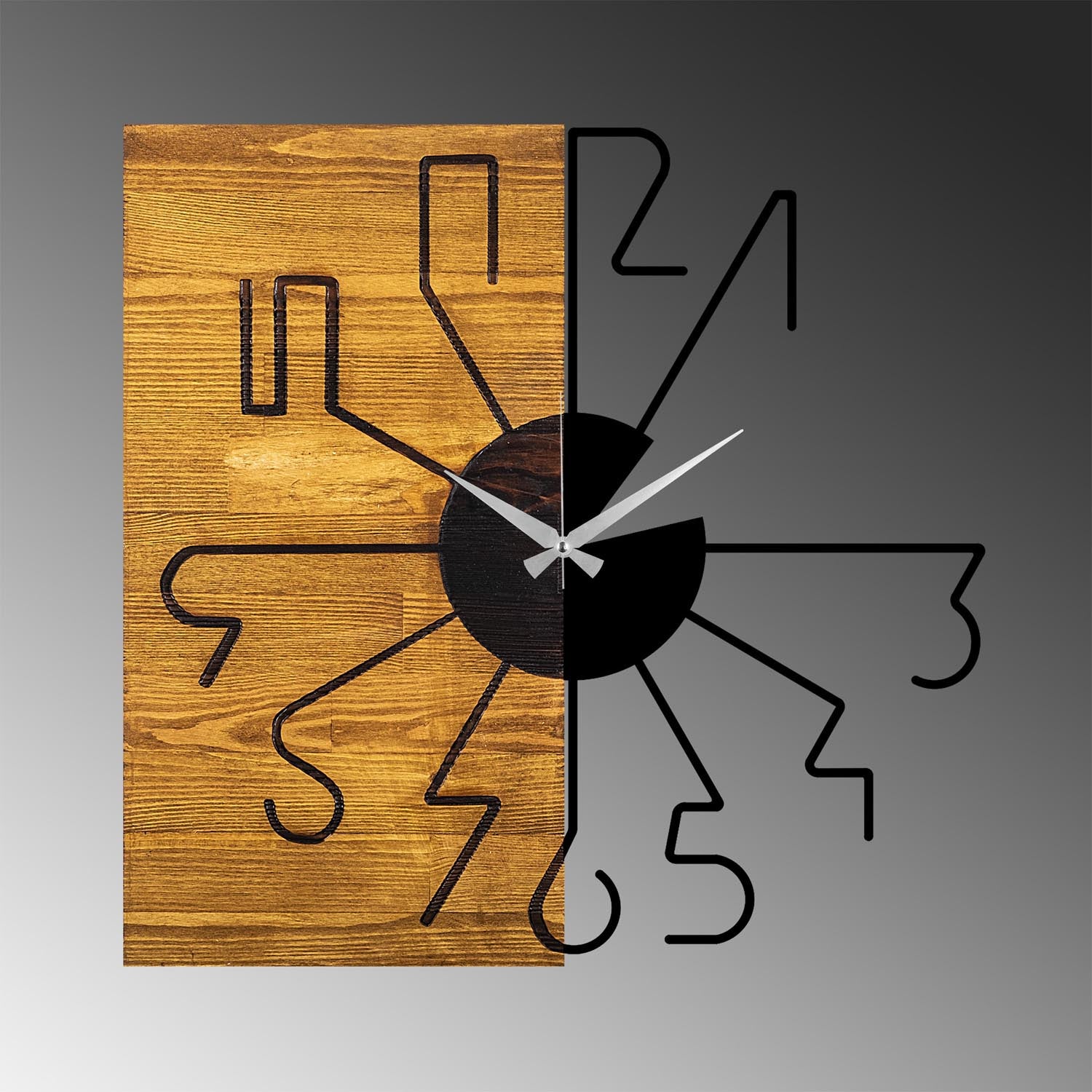 Verleihen Sie Ihrem Zuhause mit der Wooden Clock 29 von Wallity einen Hauch von Eleganz! Diese stilvolle Wanduhr aus Walnuss und Metall ist ein einzigartiges Dekorationsstück.