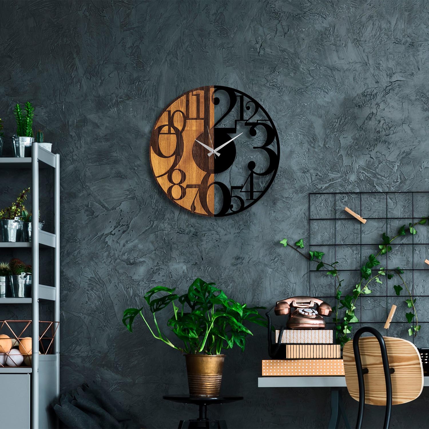 Verleihen Sie Ihrem Zuhause mit der Numbers Wanduhr in Walnuss Schwarz von Wallity einen Hauch von Natur und Stil. Ein zeitloses Kunstwerk für jeden Raum.