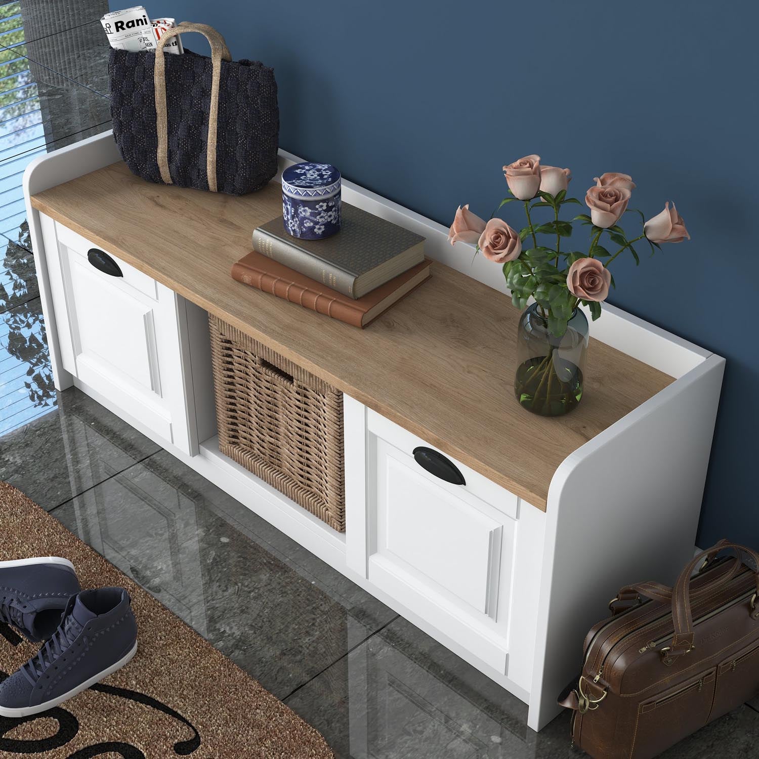 Entdecken Sie den stilvollen P2 Schuhschrank von Hanah Home in Weiß und Walnuss – die ideale Lösung für Ordnung und Eleganz in Ihrem Zuhause!