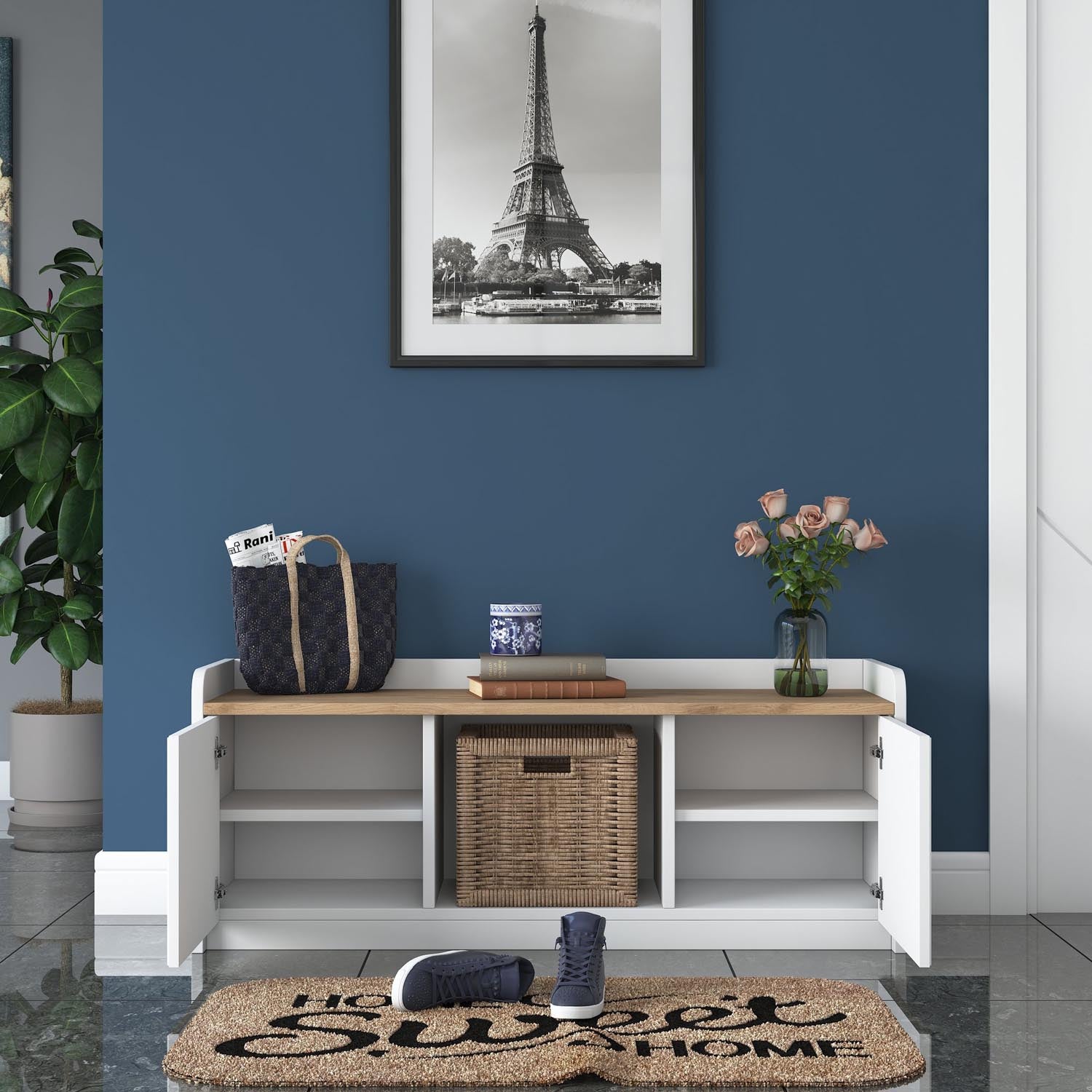 Erleben Sie den eleganten P2 Schuhschrank von Hanah Home in Weiß und Walnuss – die perfekte Lösung für stilvolle Schuhaufbewahrung und Ordnung in Ihrem Zuhause!