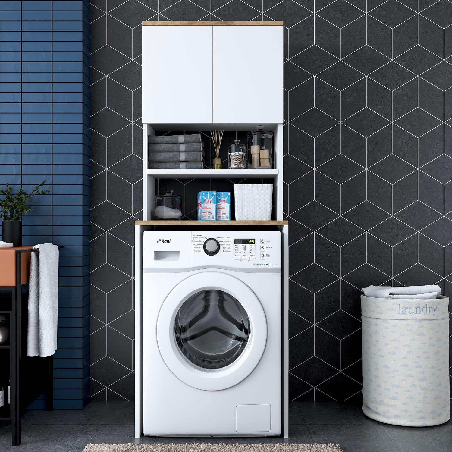 Entdecken Sie das elegante KD101 Standregal in Weißer Walnuss von Hanah Home. Ideal für stilvolle Aufbewahrung in Ihrer Waschküche.