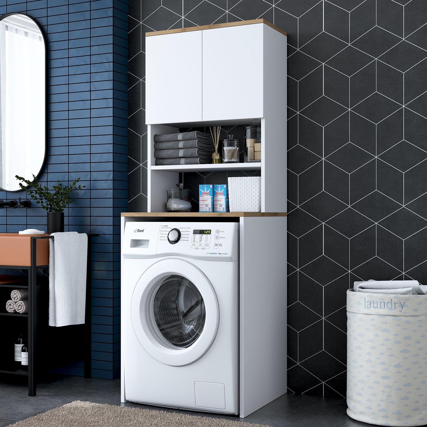 Verleihen Sie Ihrer Waschküche mit dem KD101 Standregal in Weißer Walnuss von Hanah Home einen modernen Look und optimalen Stauraum.