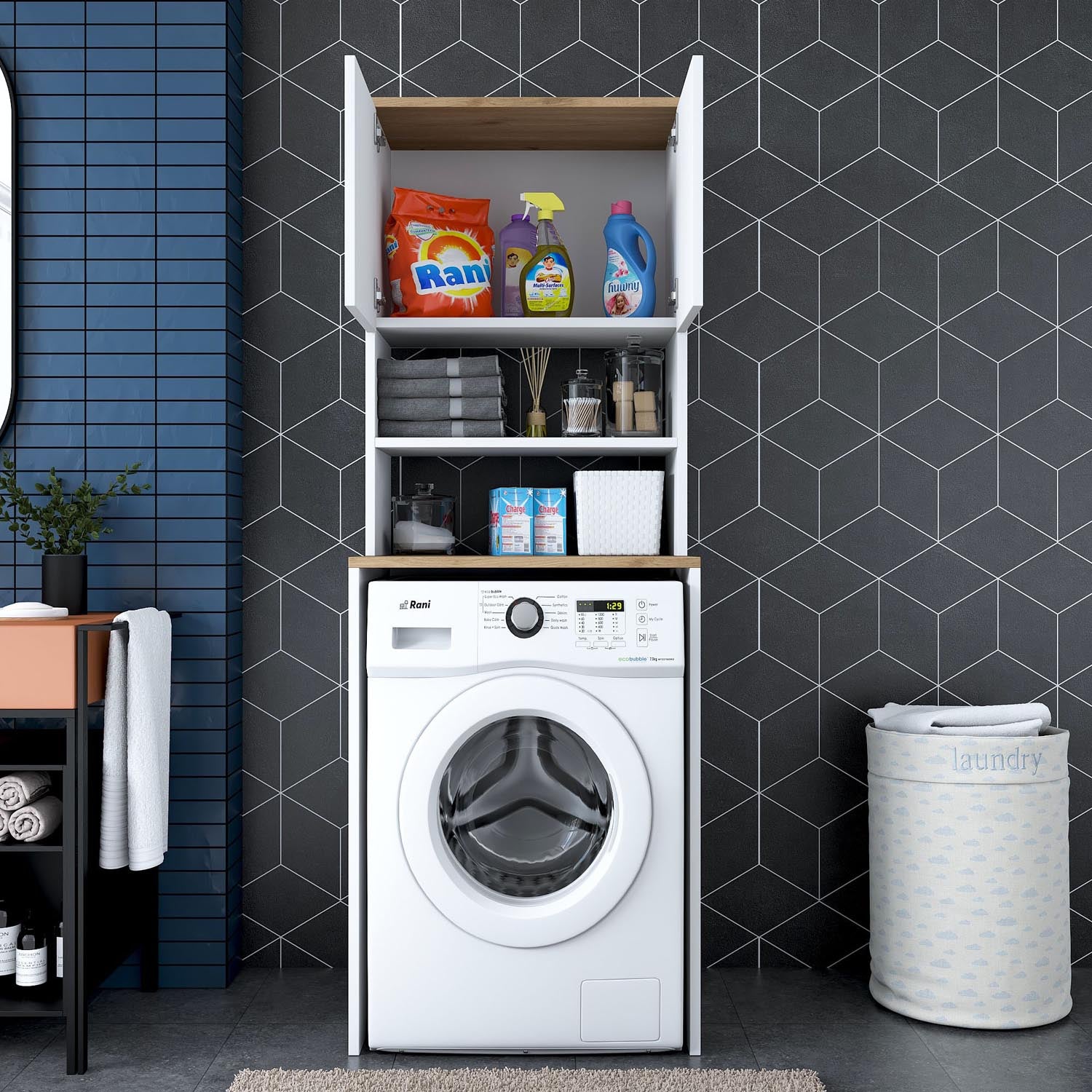 Optimieren Sie Ihre Waschküche mit dem stilvollen KD101 Standregal in Weißer Walnuss von Hanah Home – für eleganten Stauraum und modernes Design.