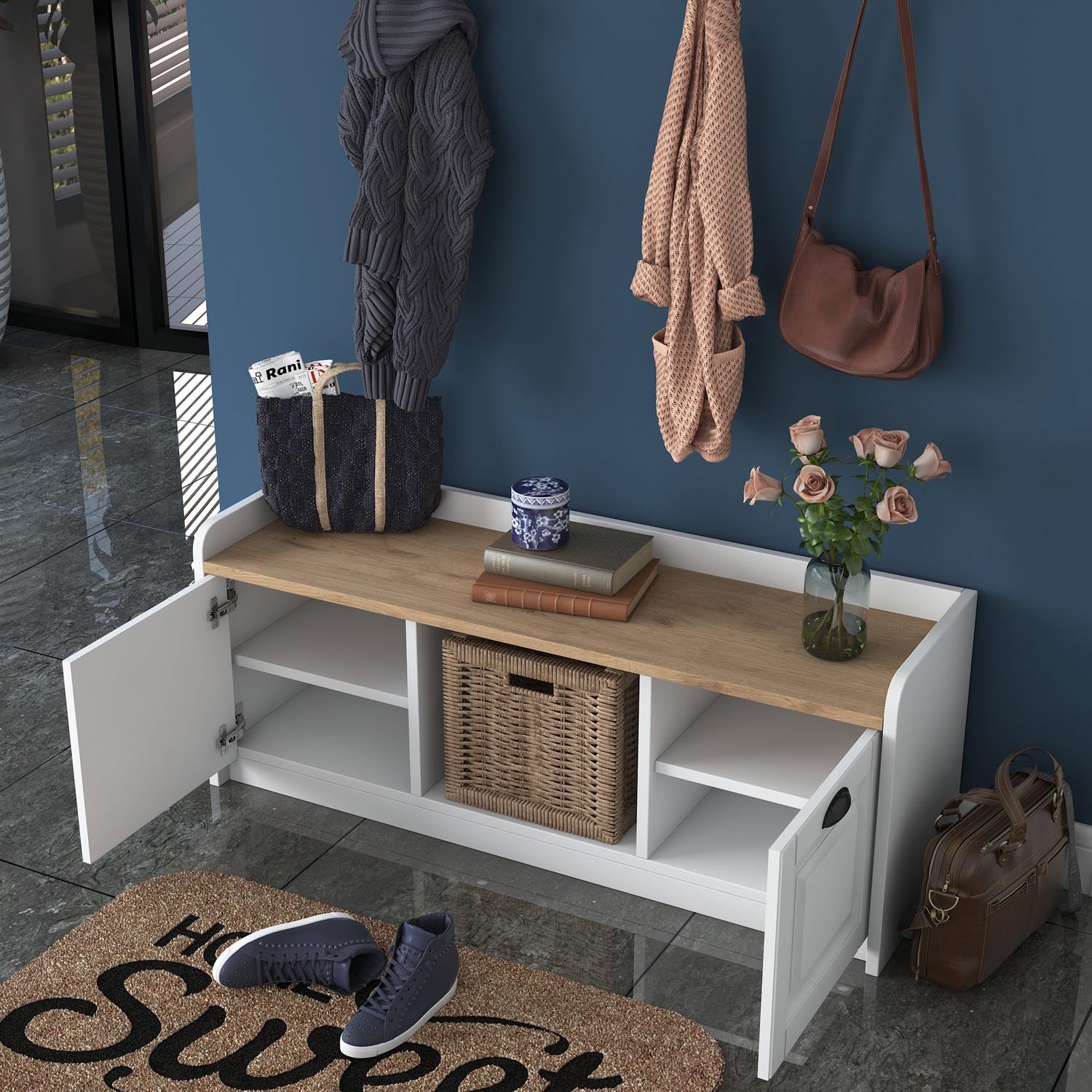 Stilvoller Dielenständer P2 von Hanah Home in edlem Weiß und Walnuss. Perfekte Lösung für einen eleganten und aufgeräumten Eingangsbereich.