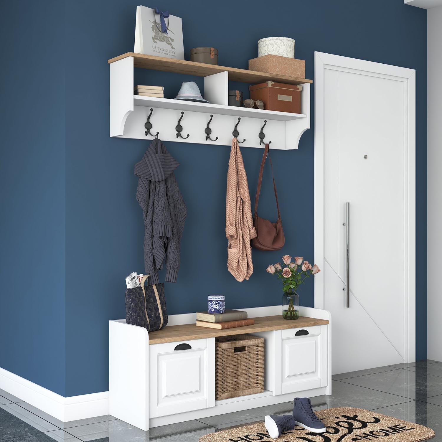 Eleganter Dielenständer P2 von Hanah Home in Weiß und Walnuss. Ideal für einen stilvollen und organisierten Eingangsbereich.