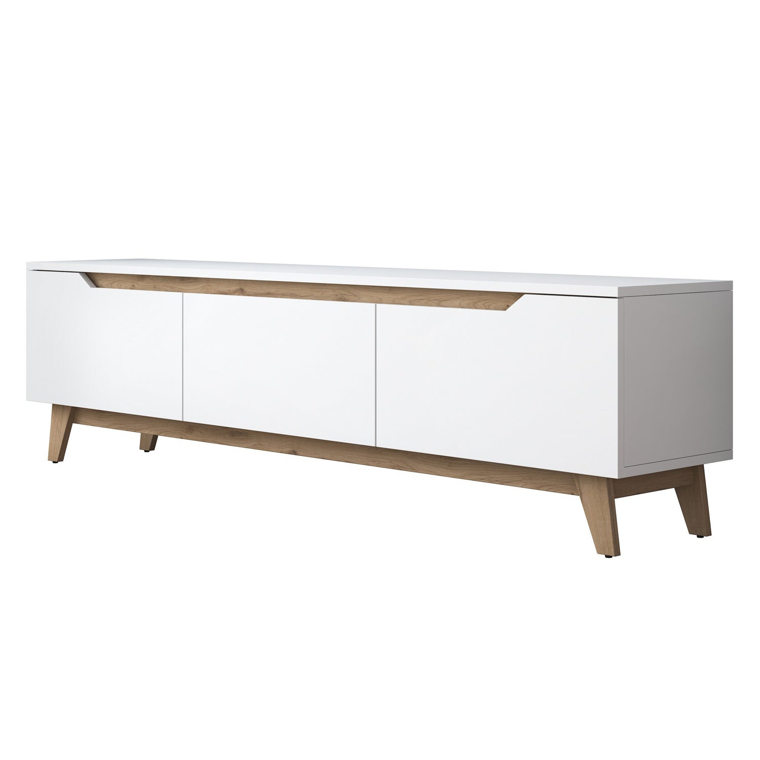 Verleihen Sie Ihrem Wohnraum mit dem D1 Sideboard von Hanah Home einen modernen Akzent. Stilvolles Weiß und Walnuss vereinen Funktionalität und Eleganz.