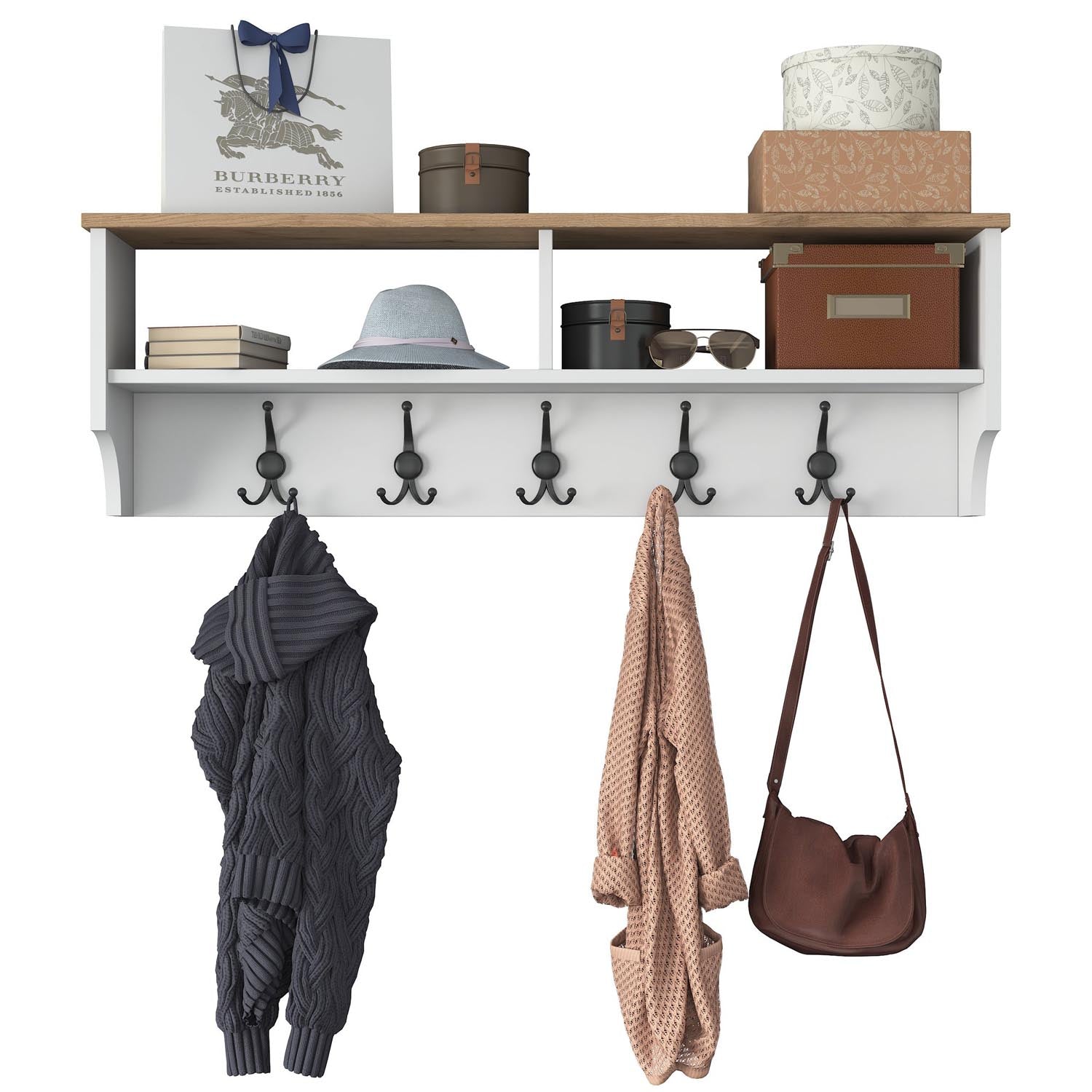 Verleihen Sie Ihrem Flur mit der P2 Garderobe von Hanah Home einen modernen Look. Funktionalität trifft auf elegantes Design in Weiß und Walnuss!