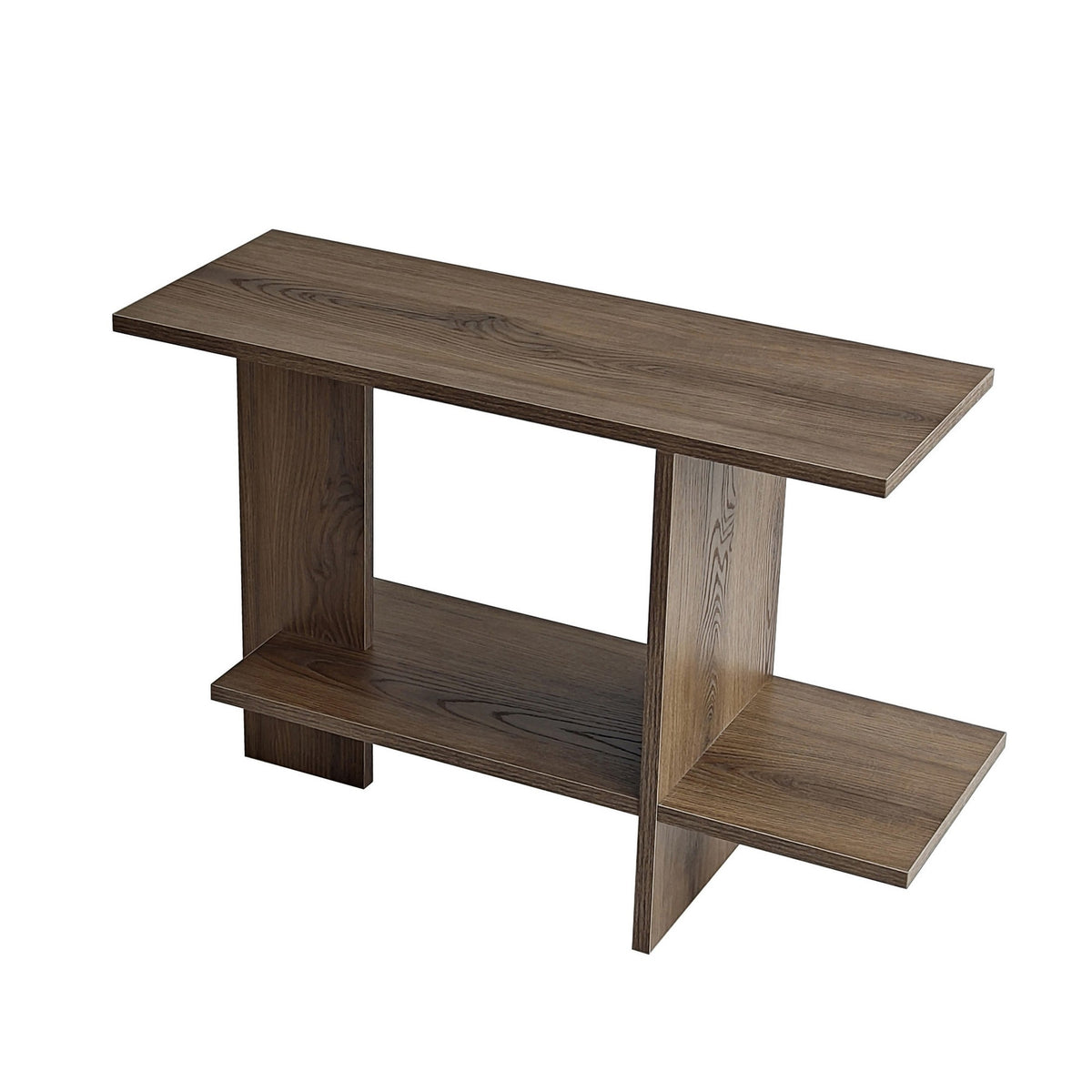 Beistelltisch aus 100% Melaminspanplatte in Nussbaum-Optik mit Tischplatte und unterem Regal, Masse 80 x 30 x 55 cm.
