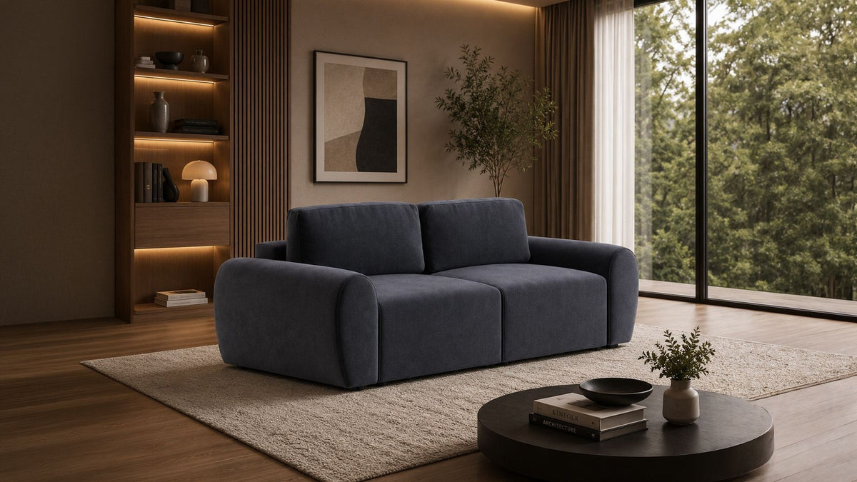 Petrolblaues 3-Sitzer Sofa Mono P von Hanah Home mit Buchenholzgestell, Kunststoffbeinen und weichem Schaumstoffpolster, Frontalansicht.
