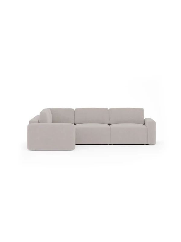 Eckcouch in Ecru mit Gestell aus Buchenholz und Spanplatte, Kunststoffbeinen und gepolsterten Sitzflächen aus Schaumstoff.