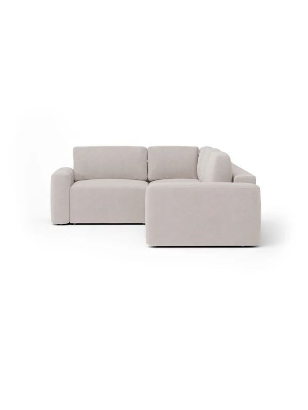 Eckcouch in Ecru mit Gestell aus Buchenholz und Spanplatte, Kunststoffbeinen und gepolsterten Sitzflächen aus Schaumstoff.