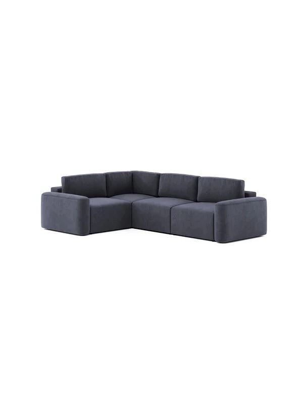 Petrolblaues Ecksofa Mono Lilly links von Hanah Home mit Gestell aus Buchenholz und Spanplatte, Kunststofffüsse, Sitzhöhe 45 cm.