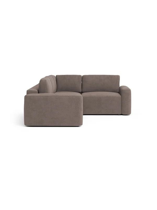 Braunes Ecksofa rechts der Mono Lilly Serie von Hanah Home mit Gestell aus Buchenholz und Spanplatte, Kunststoffbeinen und Polsterung.