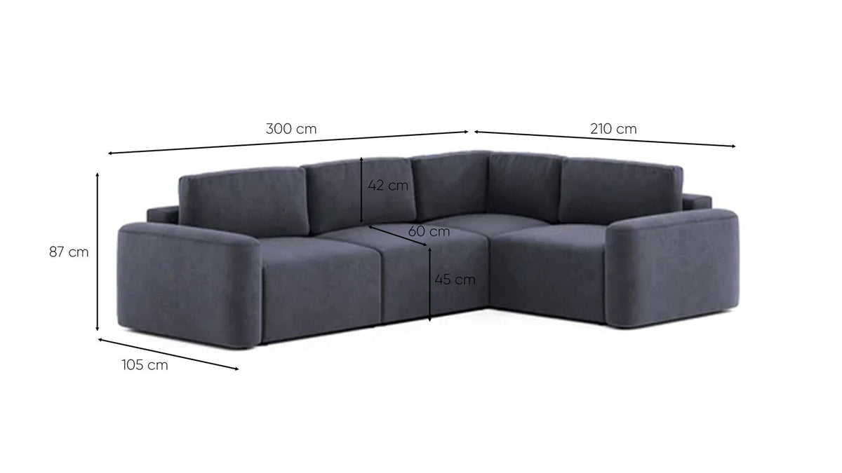 Petrolblaues Ecksofa Mono Lilly rechts von Hanah Home mit Buchenholzgestell, Kunststoffbeinen und gepolsterten Sitzflächen im Wohnraum.