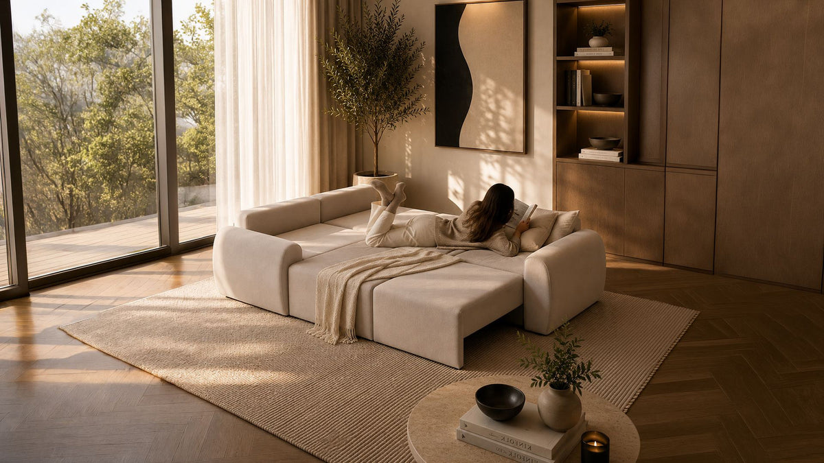 Ecru-farbenes Ecksofa links mit Buchenholz-Gestell, Kunststoffbeinen und gepolsterten Sitz- und Rückenkissen, Grösse 315x305 cm.